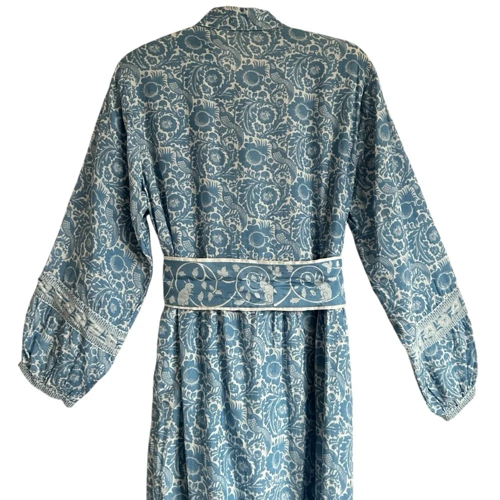 Cyclamen Jaipur Block Print Cotton Midi Dress Blue Peacock Prairie Cottagecore S